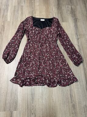 Altar'd State Burgundy Floral Long-Sleeve Sweetheart Dress